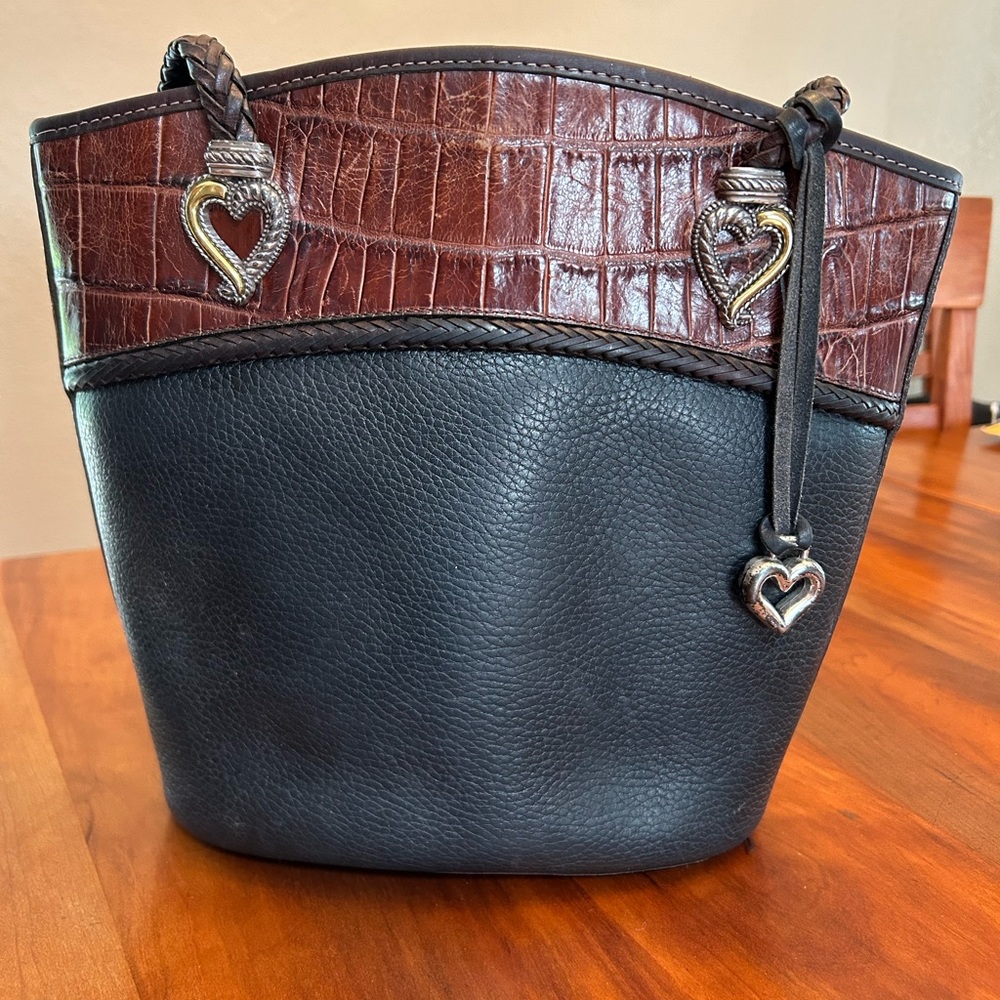 Brighton Two-Tone Black Pebbled Leather Shoulder Handbag Brown Faux Croc